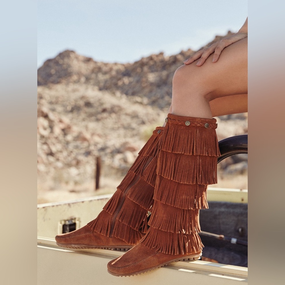 Fringe Suede Knee-High Boots - Brown